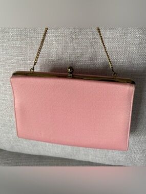 Vintage Midcentury Pink Clutch with Gold Chain Frame